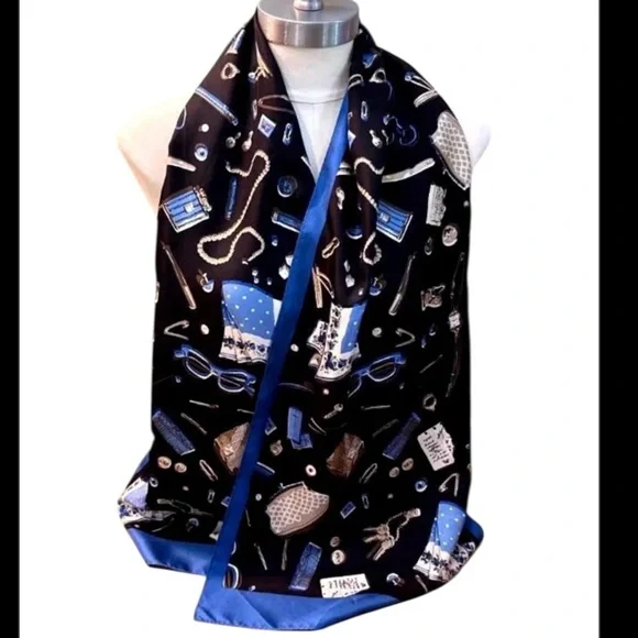 TALBOTS silk novelty print scarf Black Tan Blue Long Rectangle 14”x60” Retro